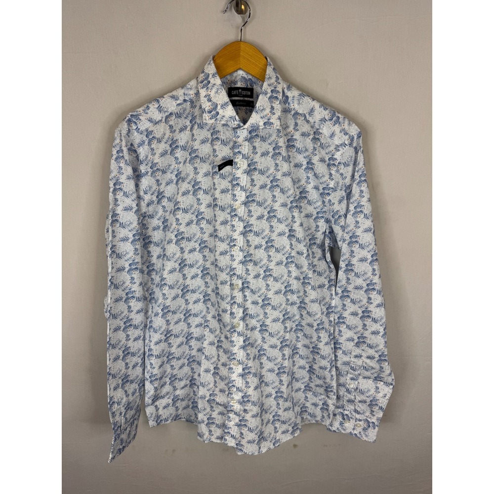Cafe Coton Paris Exclusive Slim Fit Blue Palm Floral Button Down Shirt 16 41cm